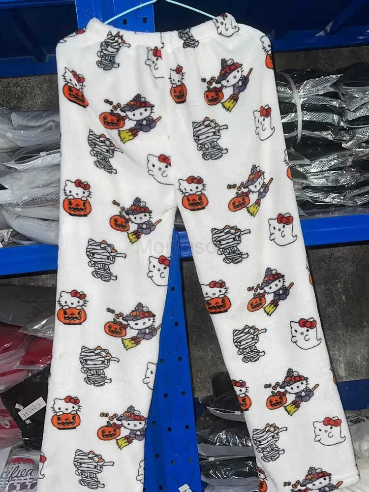 Sanrio Hello Kitty Pajamas Halloween Flannel Pumpkin Fashion Trousers Women Cute Anime Cartoon Casual Autumn Christmas Home Pant L250925
