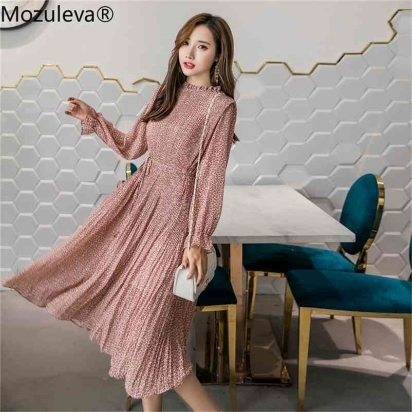 Spring A-line Long Chiffon Elegant Stand Collar Floral Print Women Full Sleeve Elastic Slim Waist Dress 210416