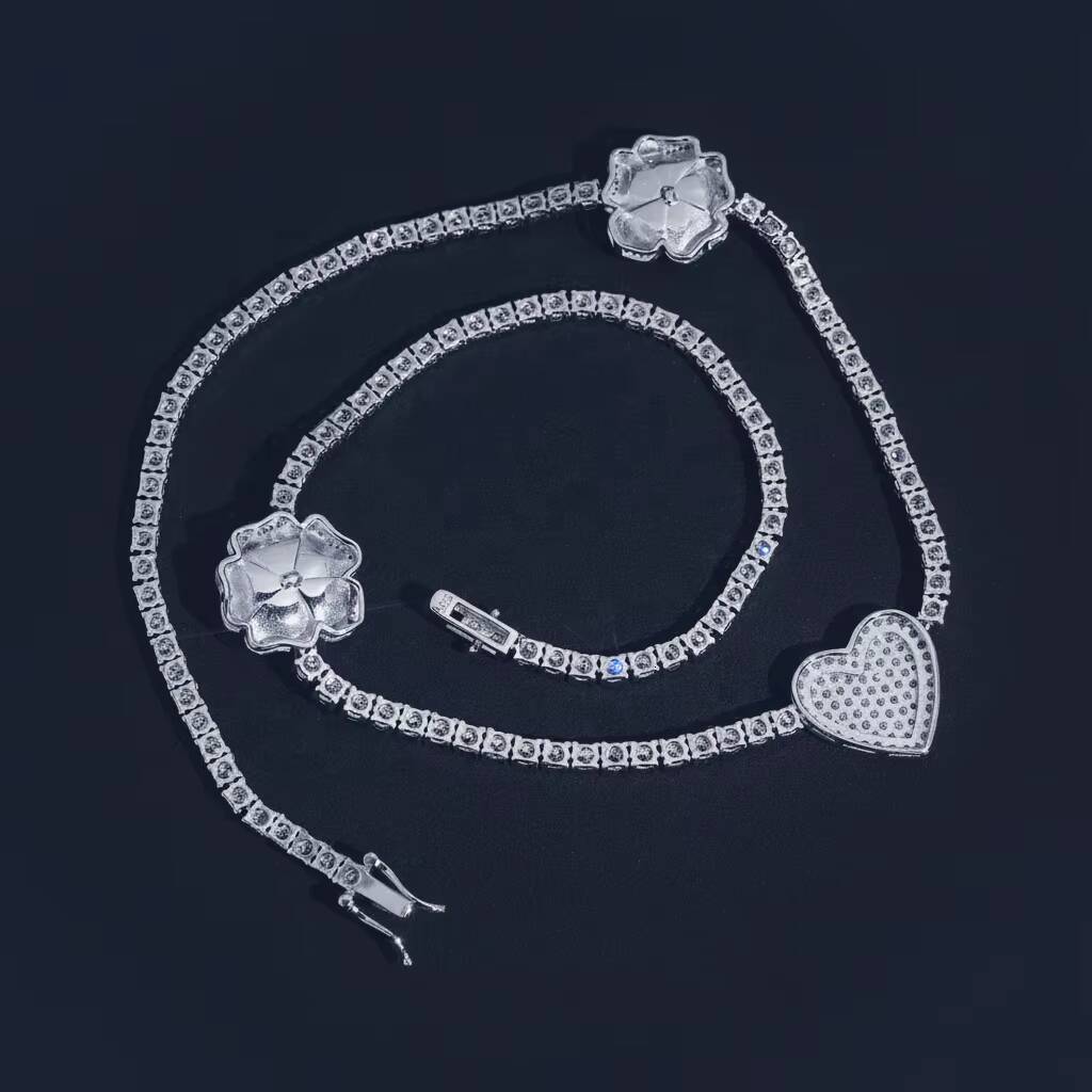 Hip Hop Iced Jewelry 3mm VVS D Color Moissanite Bling 925 Silver Rose Flower Heart Tennis Chain Necklace for Women Gift