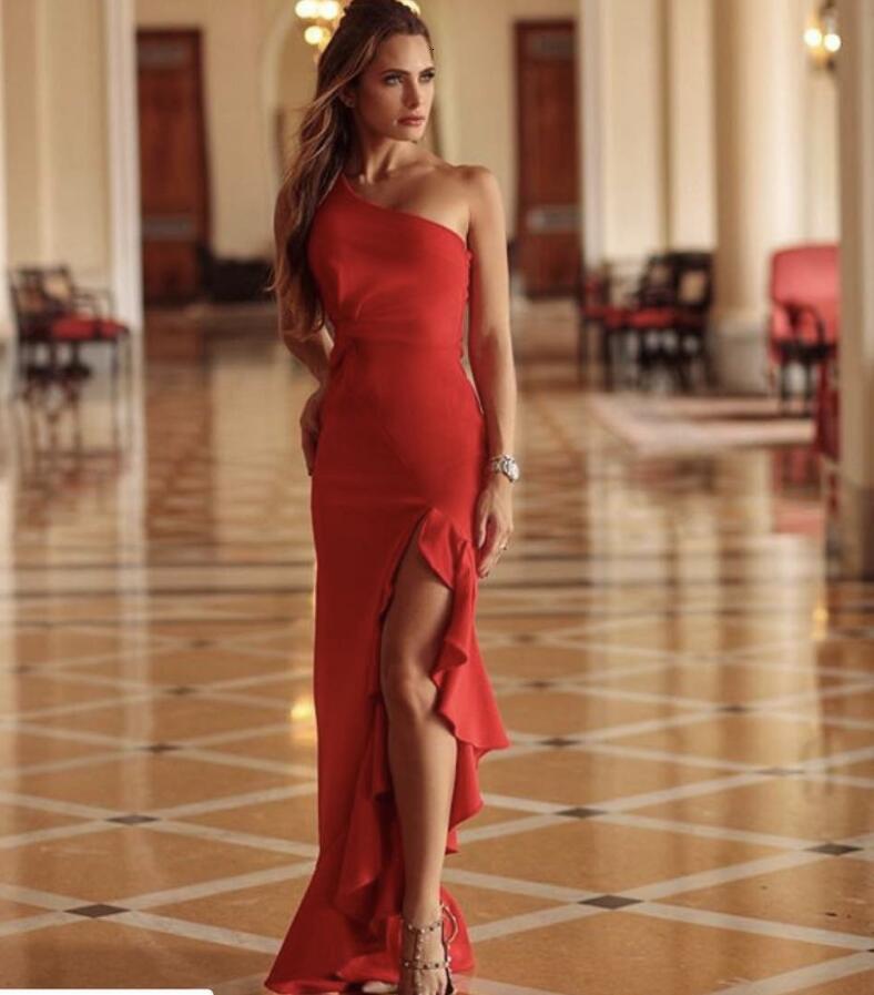 Evening Internet Celebrity Women's Summer Ruffle Hem Large Slit Floor-Length Solid Color Dress