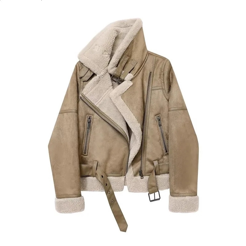 Winter Womens Warm Leather Suede Artificial Leather Sheep Leather Jacket Short Motorcycle Jacket Synthetic Sheepskin Jacket 241007CJ