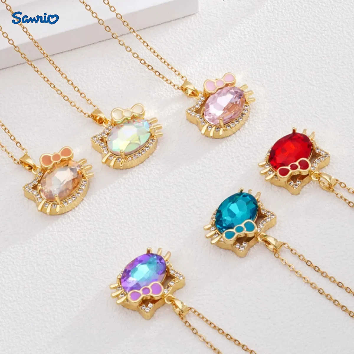Sanrio Stainless Steel Chain Cute Colorful Crystal Hello Kitty Pendant Necklaces for Women Girls Gold Color Jewelry Accessories Gifts L250925