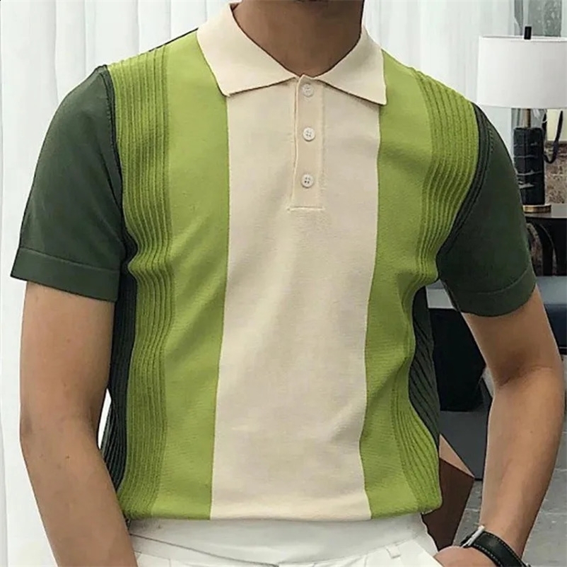 Summer Mens Knitted Short Sleeve Polo Shirt Retro Buckle Patch Work Fashion Business Casual Knitted 241203