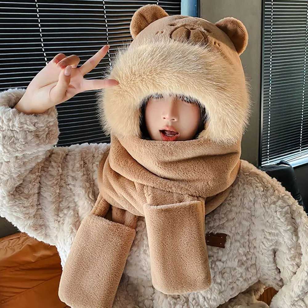 Fashion 3 in 1 Capybara Hat Scarf Set Panda Warm Scarf Hat Glove for Wen Casual Cute Cartoon Plush Hat Lady X250925