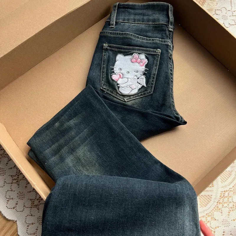 Sanrio Hello Kittys Jeans Cartoon Embroidery Denim Women Y2K High Waist Wide Legs American Retro Pant Casual Streetwear Trousers L250925