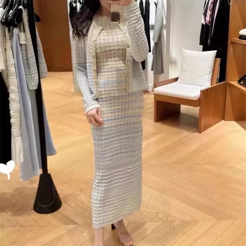 Elegant Women Autumn Knitted Set Gradient Mixed Colors Sweater Cardigan Slim Fit Long Tank Dress Matching Set Knitwear Outfits 250317