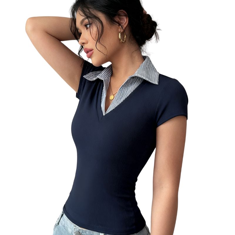 Women's Navy Blue Striped Collar Patchwork T - Shirt, High Elastic Slim Fit V - Neck Elegant Business Top-SZ25124