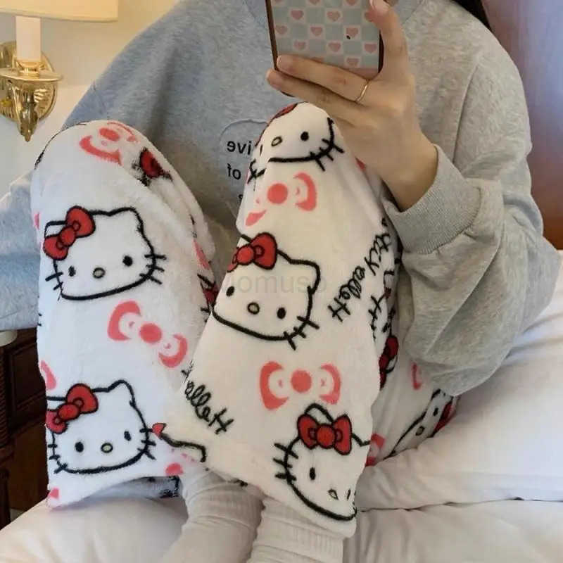 Sanrio Kawaii Hello Kitty Flannel Pajama Pants Girls Pants Autumn and Winter Coral Velvet Thickened Plus Velvet Warm Casual Home Pants L250925