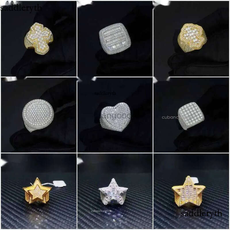 Fine jewelry iced out hip hop cuban gold plated sterling sier vvs moissanite dia ring for men 07