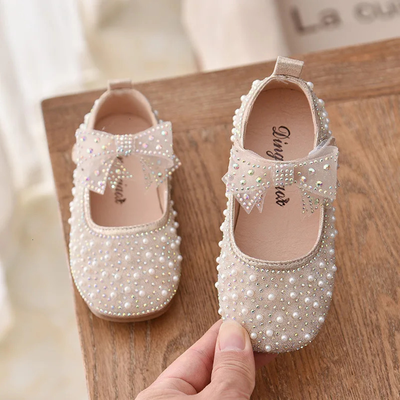 Girls Princess Shoes Childrens Fashion Bow Rhinestone Sequin Kids Shoe Baby Girls Party Student Flat Leather Shoes 241219