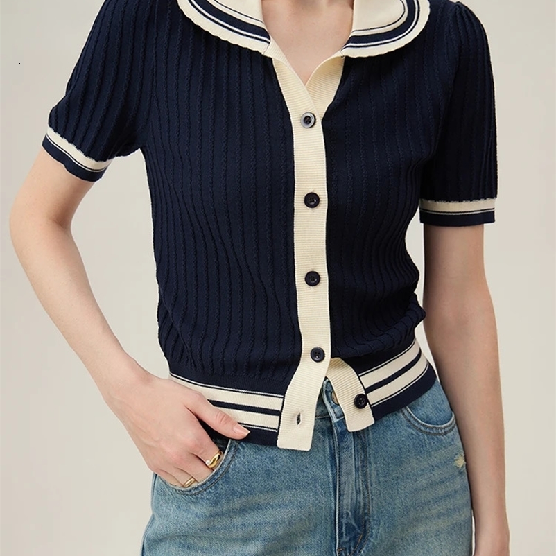 FSLE College Style Contrast Polo Collar Knitted Cardigan Women Knitwear Summer Black Women Casual Loose Top 24FS12115 240717