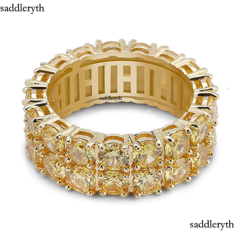 Design Color Mens Ring Micro Pave 2 Row Chain Big 3A Gold Zircon Shiny Hip Hop Finger Rings For Men Women Jewelry 3b 79 ee