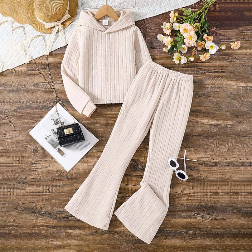 Spring and autumn childrens clothing suitable for girls fashion outdoor leisure sportswear loose apricot hoodie flared pants 250224