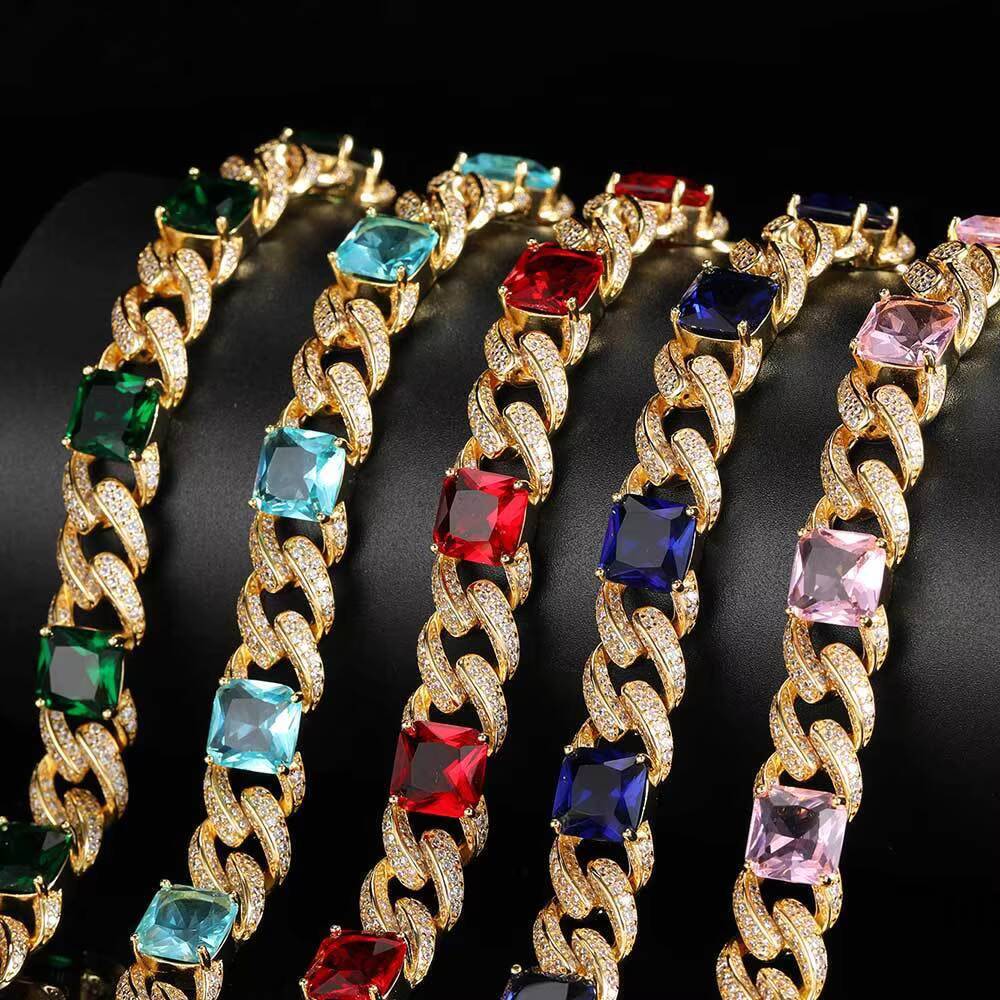 trend Colorful Gemstone Womens Diamond Cuban Necklace Iced Out Gemstone Charm Choker Necklace