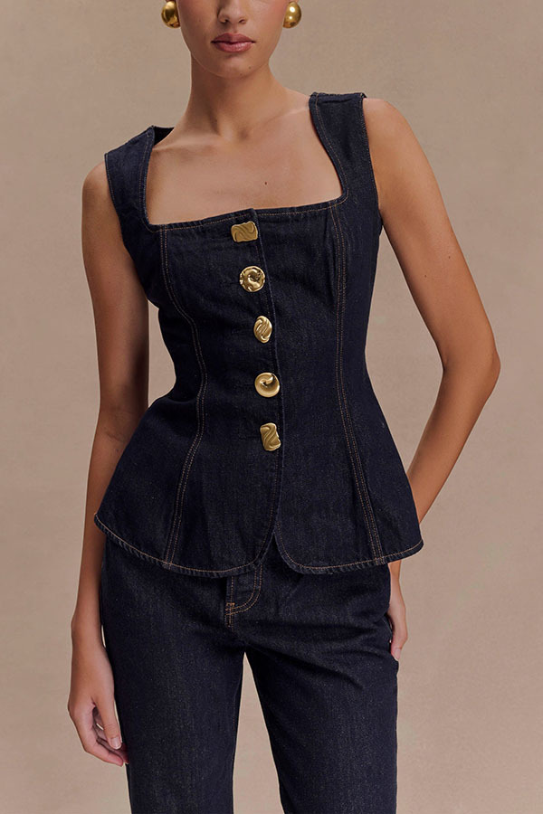 2025 Women's Fashion Modern Style Button High Waist Denim Top and Pants Set 30857