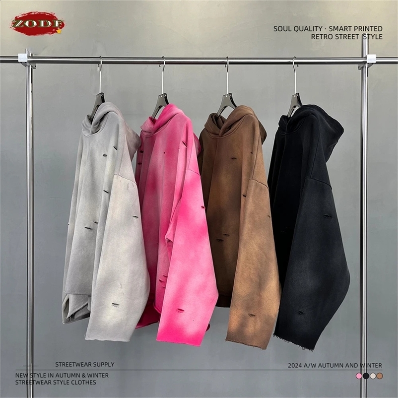 ZODF Autumn Winter Men Monkey Washed Hoodies Unisex Disstressed Ripped Heavyweight Knitted 450gsm Hooded Pullovers HY0909 240810