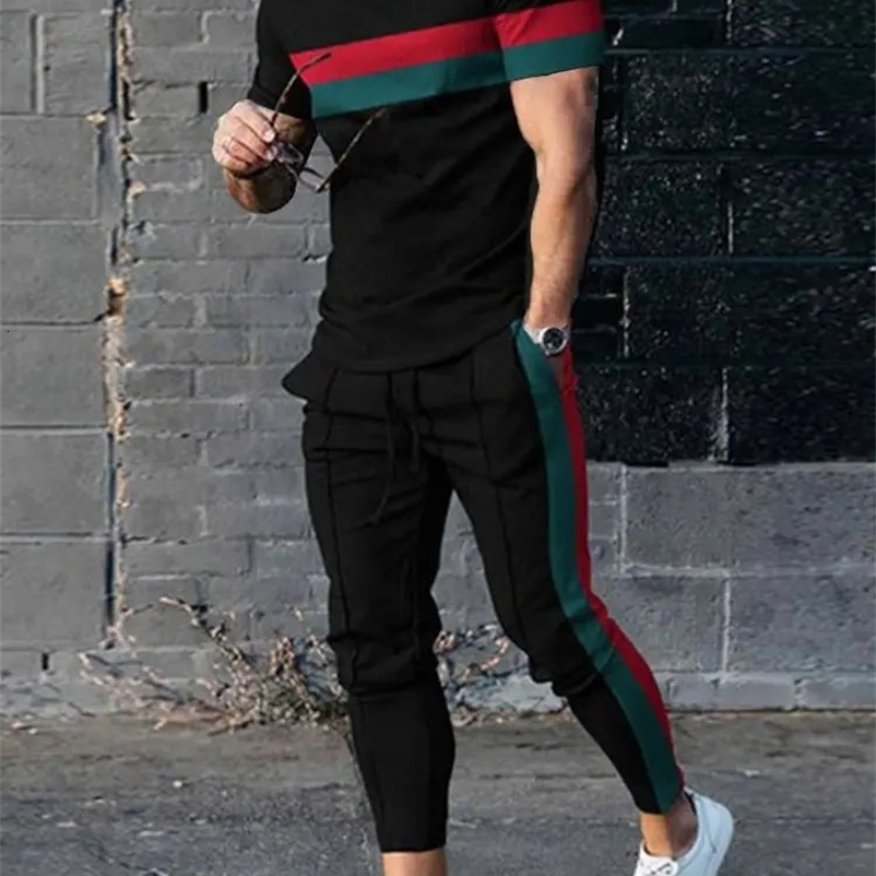 Fashion Men Tops Trousers Tracksuit Sportswear Short Sleeve T Shirt Long Sweatpants Streetwear 2 Piece Sets Men Clothing 240106
