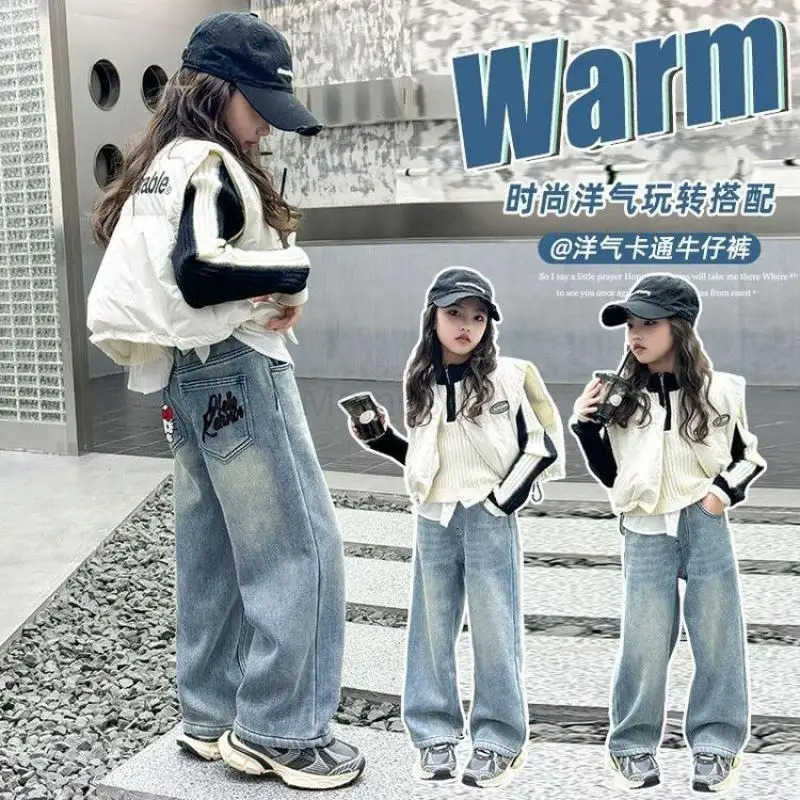 Sanrio Girl Casual Jeans Hello Kitty Kawaii Anime Fashion Spring and Autumn Student WideLeg Cowboy Pants Children Clothing New L250925