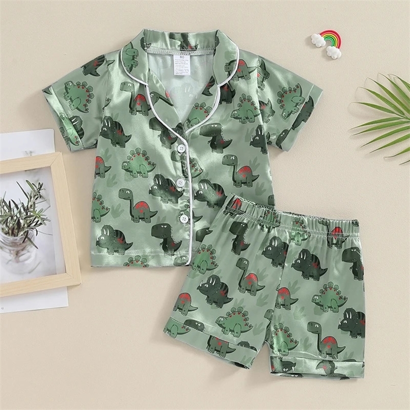 Kids Boys Summer Pajama Outfits Dinosaur Print Turn-Down Collar Short Sleeve Shirts and Elastic Waist Shorts 2 Pieces Sleepwear 250219