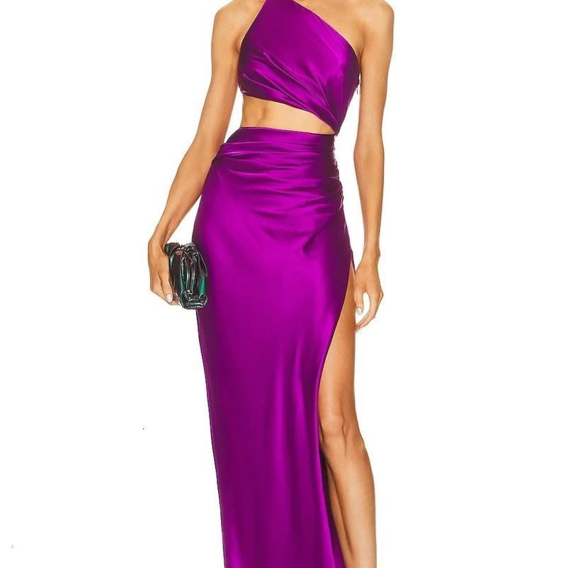 Purple Orange Color Women Shinnign Satin One Shoulder Bodycon Long Dress Fashion Celebrate Cocktail Party Dress Wholesale 240126