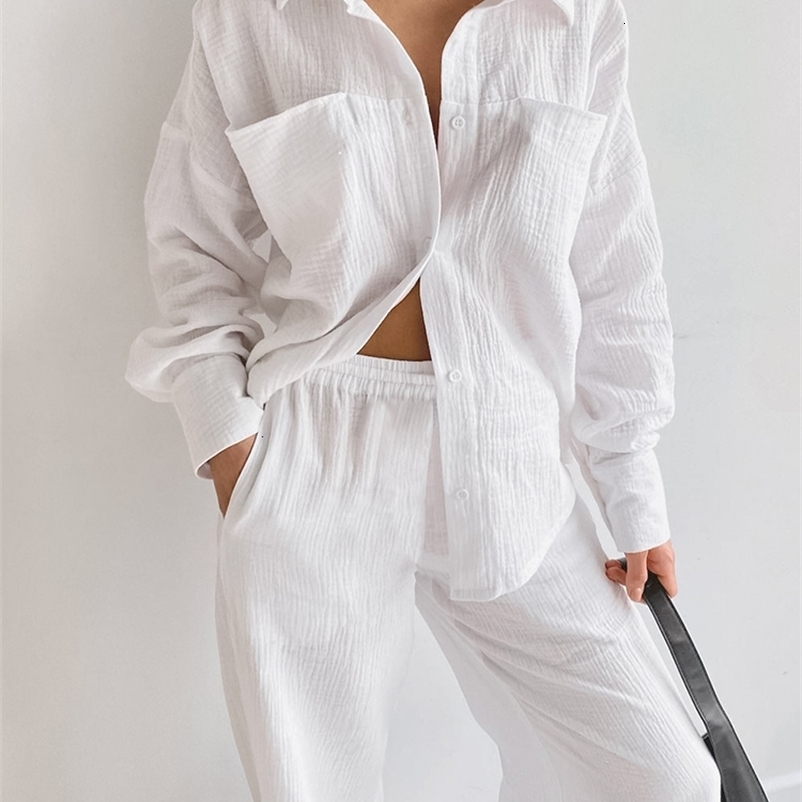 Women's Sleepwear Linad White Pajamas For Women Cotton Long Sleeve 2 Piece Sets Nightwear Female Casual Trouser Suits Solid Autumn Sleepwear 2303