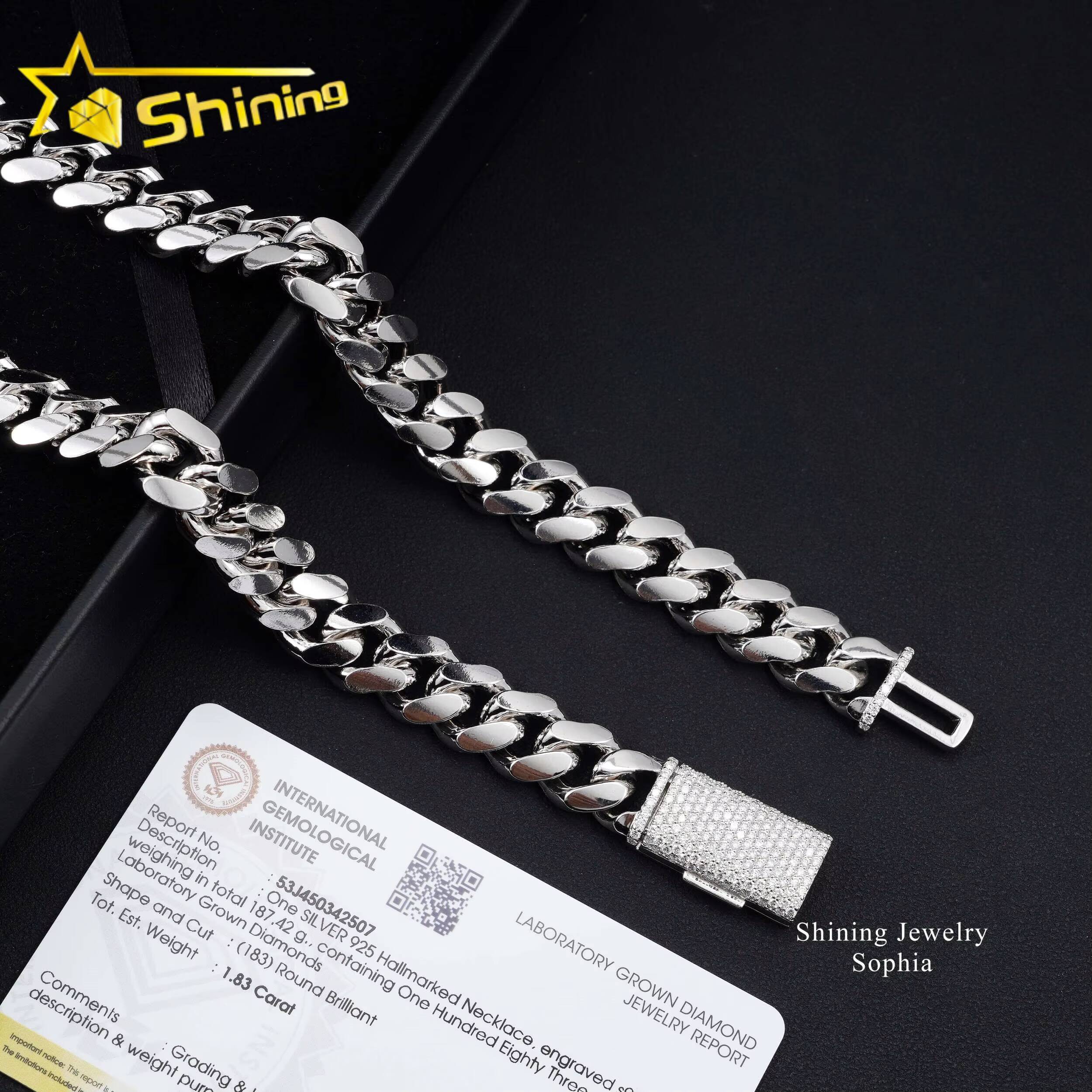 IGI Certified Customized Trend Iced Out Clasp Lab Grown Diamond Necklace Hip Hop Sterling Silver 12MM Miami Cuban Link Chain