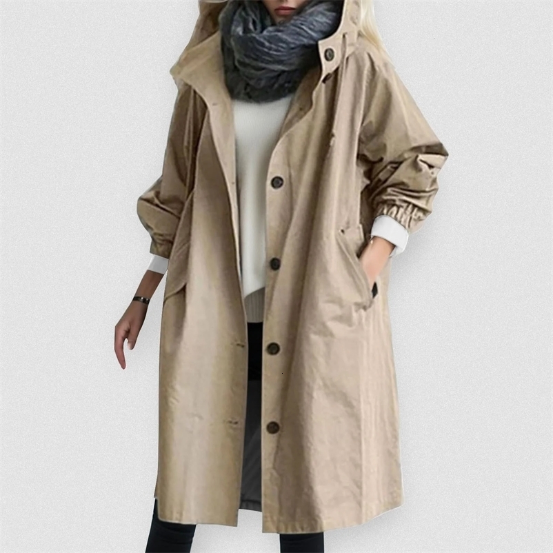 Women Fashion Trench Coat Spring Autumn Casual Hooded Medium Long Overcoat Loose Windproof Coat Korean Trendy Large Size 240703