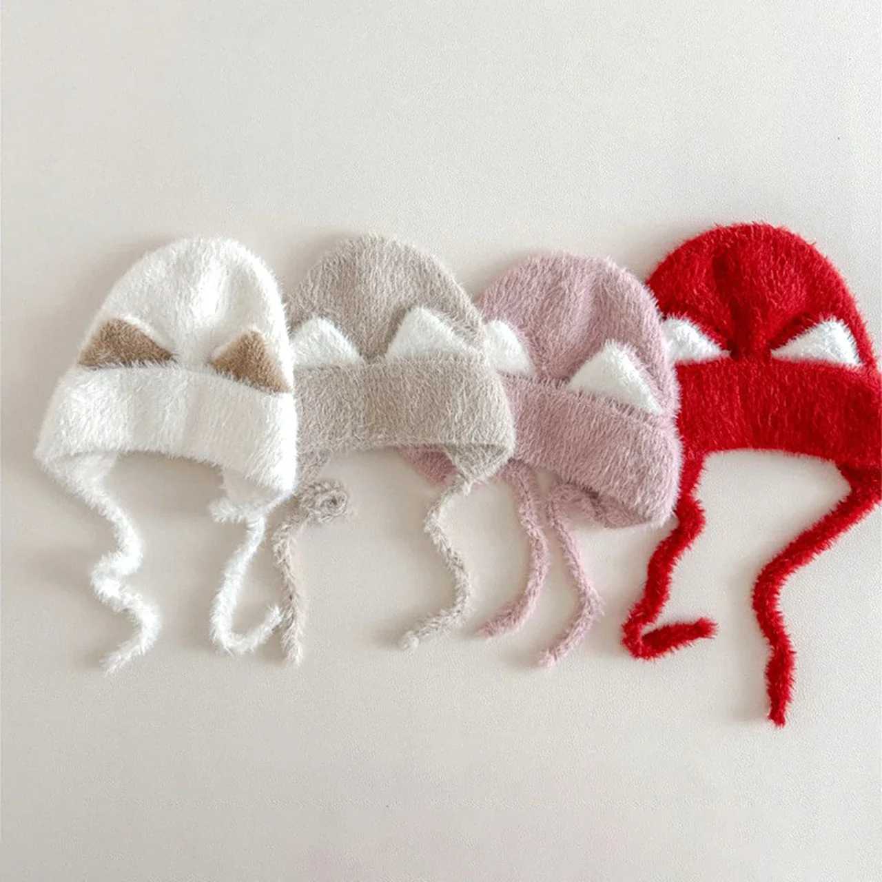 Cute Cat Baby Ear Protection Cap Winter Warm Thick Fur Knit Hat Solid Color Cartoon Kids Boy Girls Plush Hats L25092510QV