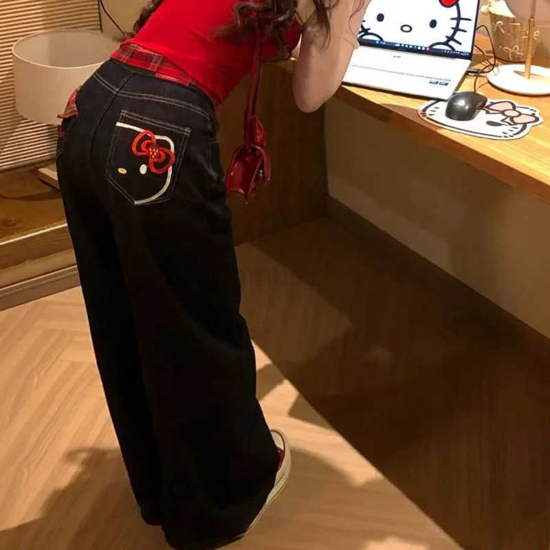 Sanrio New Cute Hello Kitty Embroidered Jeans Y2k Womens Trendy Red Checkered Splicing Slim Fit Straight Long Pants Clothes L250925