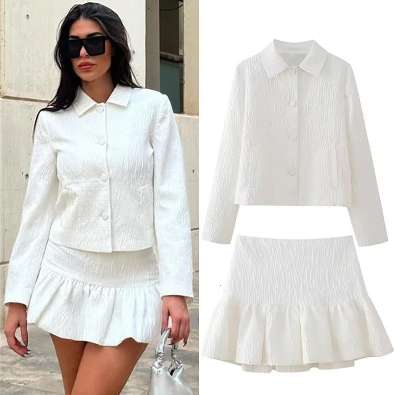 TRAFZA Spring Fashion Women Suit White Turn-Down Collar Long Sleeves Pocket Single Breasted BlazerHigh Waist Zipper Mini Skirts 250109