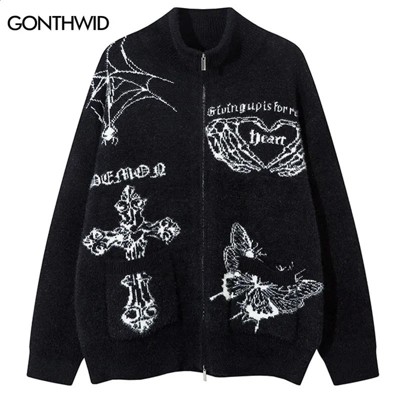 Vintage oversized sweater cardigan wool sweater Y2K knitted butterfly double zipper skydiver streetwear hip-hop punk loose sweater jacket 241007