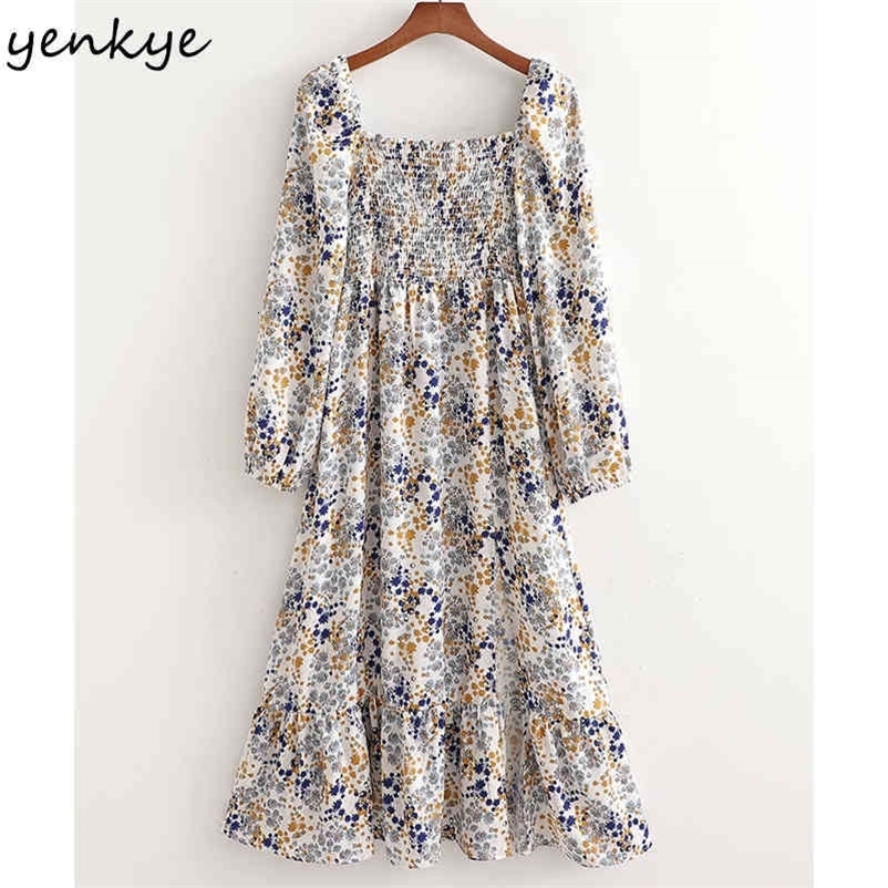 YENKYE Spring Women Vintage Prairie Chic Floral Print Dress Female Square Neck Long Sleeve Robe Femme A-line Midi Casual Dresses 210515