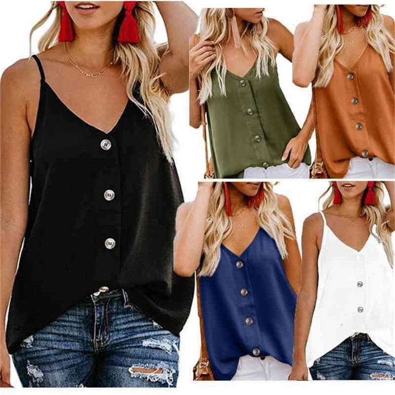 Women Summer Sexy Tank Tops Cami V Neck Solid Color Casual Loose Sleeveless Vest Tops With Button DD1 210625