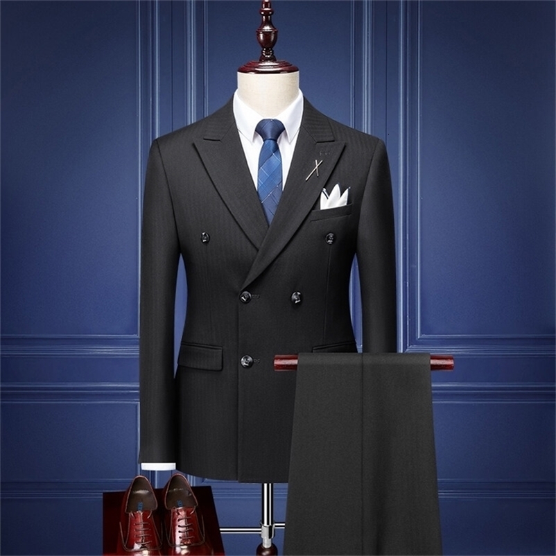 Men's Suits Blazers Mens Business Casual Suit Men's Three-piece Korean Version Slim Groom Wedding Trendy British Double-breasted Suit 220909