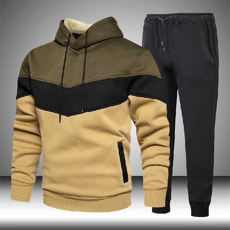 Men's Tracksuit autumn winter Patchwork Hooded hoodie Sweatshirt+2piece Sweatpants Male Polyester Track Suit Streetwear 210603