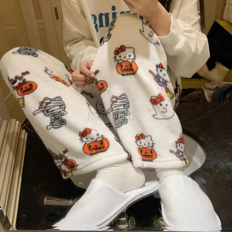Sanrio Kawaii Hello Kitty Flannel Pajama Pants Girls Pants Autumn and Winter Coral Velvet Thickened Plus Velvet Warm Casual Home Pants L250925