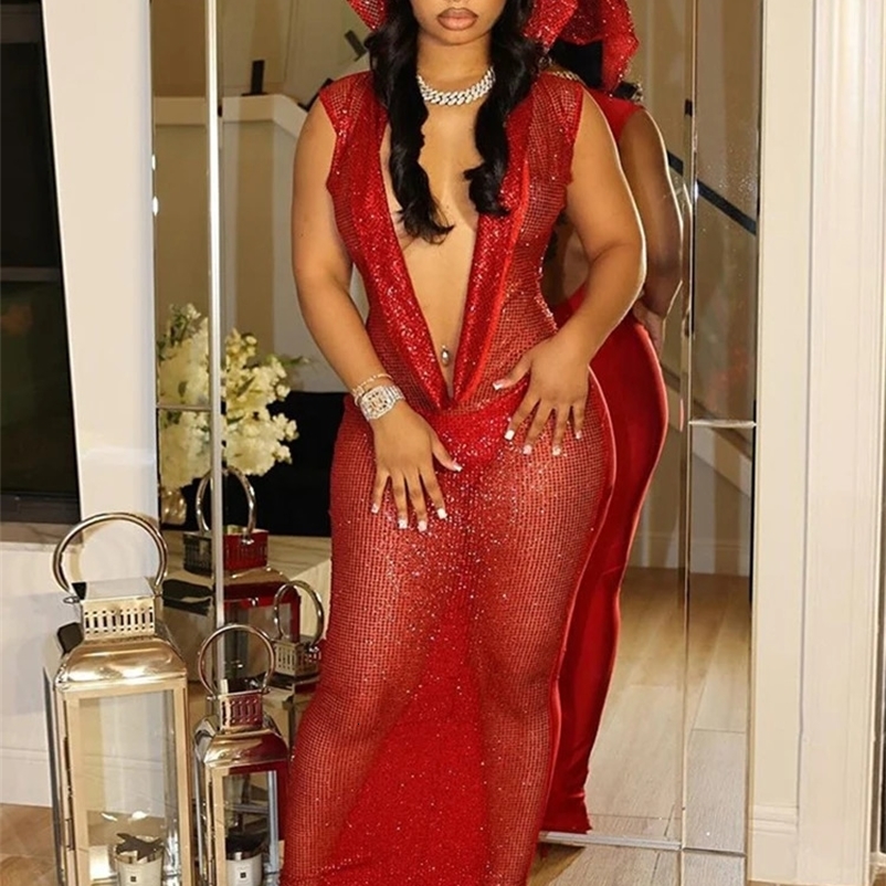 birthday red hoodie suitable for women sexy deep V-neck sequins sparkling mesh transparent evening gown 241231