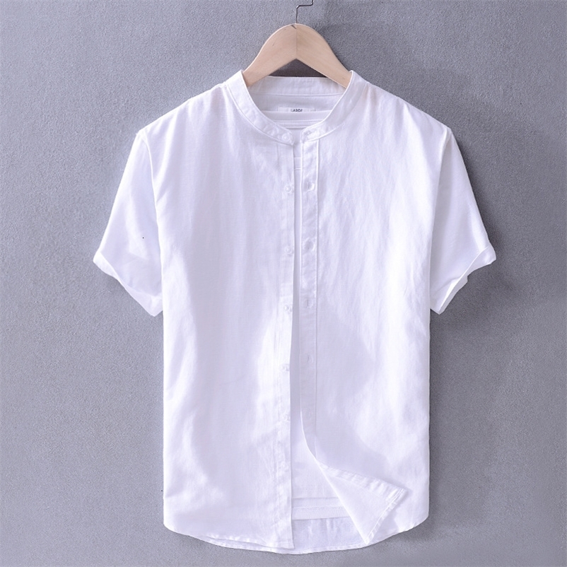 Men's Casual Shirts Men's cotton linen short sleeve shirt stand collar linen plain casual shirt literary linen shirt men 230505