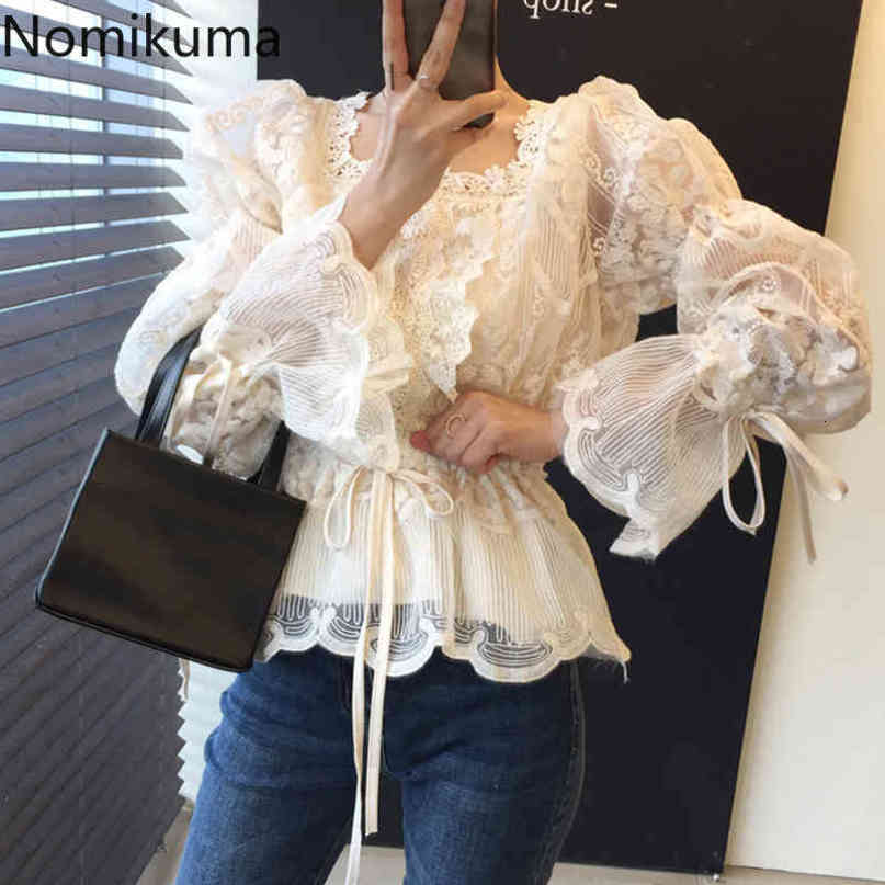 Nomikuma Korean Lace Hook Blouses Lace Up Slim Waist Flare Long Sleeve Shirt Autumn Chic Square Collar Blusas Mujer 6D109 210427