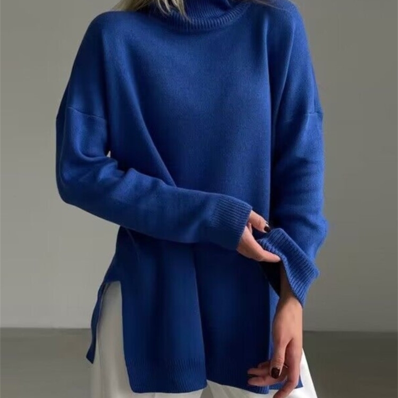 Women's Sweaters Elegant Solid Turtleneck Sweater Women Loose Long Sleeve Split Knitted Pullover Autumn Winter Casual Female Thick Warm Tops 2309
