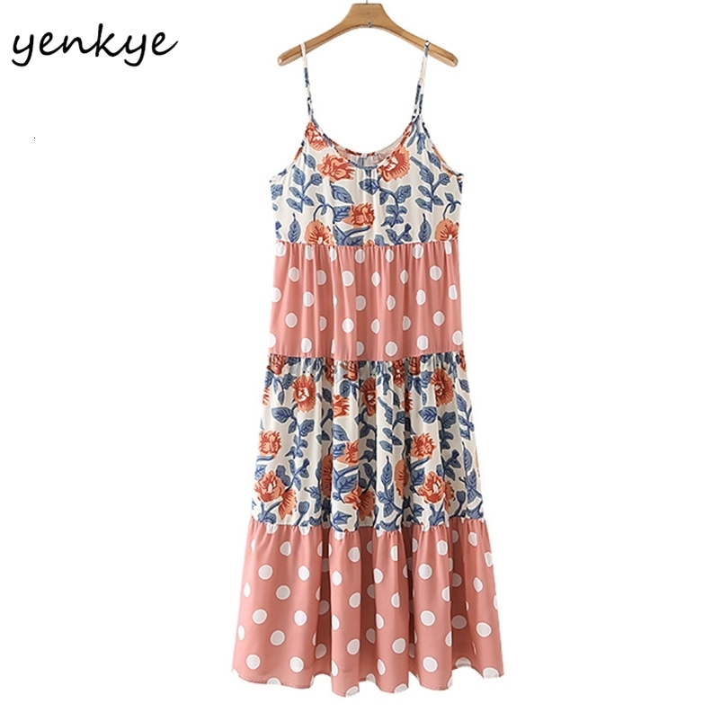 YENKYE Vintage Floral Print Polka Dot Sexy Sling Dress Women O Neck Sleeveless A-line Casual Long Dress Holiday Summer Vestido 210515