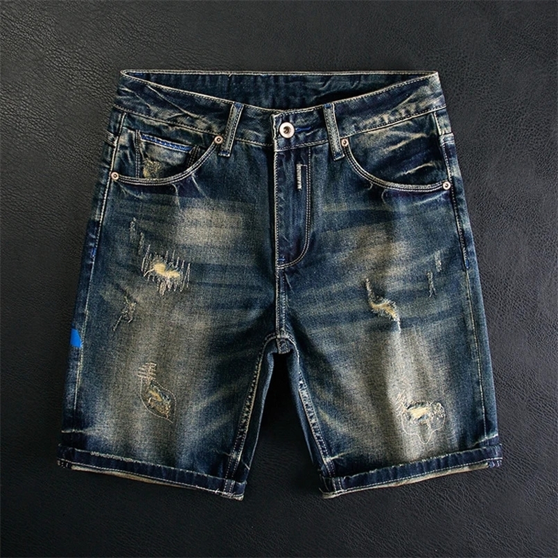 Summer Vintage Fashion Men Jeans Retro Washed Blue Stretch Slim Fit Ripped Short Jeans Printed Hip Hop Denim Shorts Men 241205