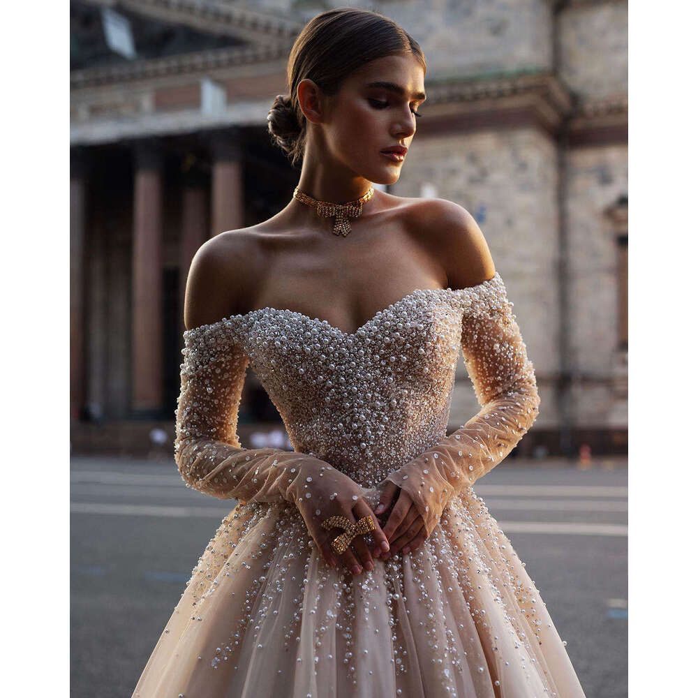 Vintage Long Sleeve Wedding Gowns Off Shoulder Pearls Bridal Dress Sequins Custom Made Beaded Sweep Train Vestido De Novia BC19526 9P25