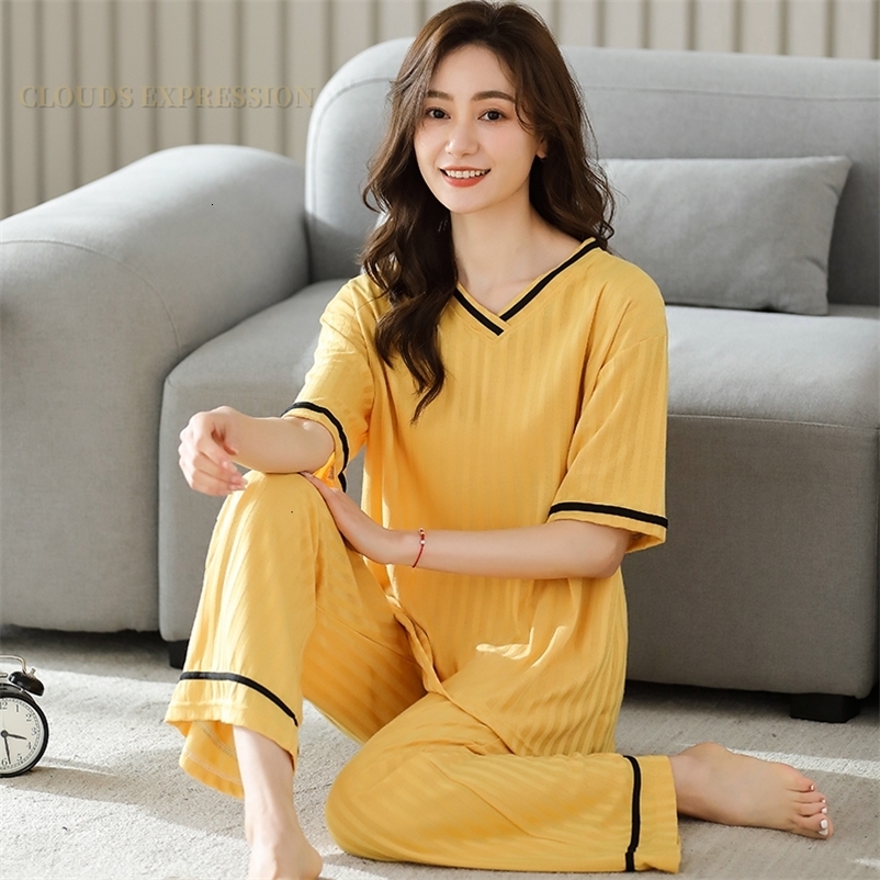Women's Sleepwear Summer Knitted Cotton Elegant Pajamas Set Women Pyjamas Polka Dots Sleepwear Nightwear Pijama Mujer Plus Size Calf-Length Pants