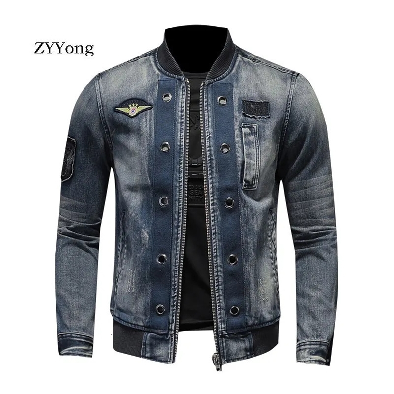 European Style Stand Collar Patch Bomber Pilot Blue Denim Jacket Men Jeans Coats Motorcycle Casual Outwear Clothing Overcoat 240319