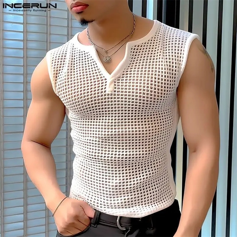 Mens Tank Top Mesh Hollow Solid V-neck Sleeveless Summer Mens Tank Top Transparent Fashion Mens Clothing INCERUN 250313