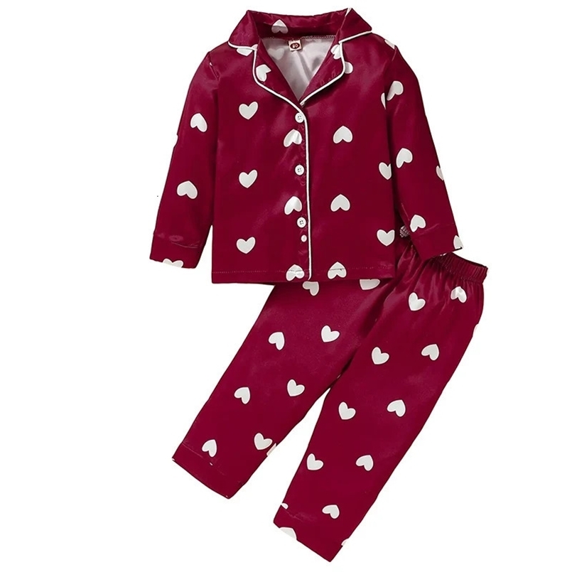 Pudcoco Little Girls Pajamas Set Toddler Satin Heart Print Lapel Collar Shirt Elastic Waist Pants Set Kids 2Pcs Loungwear 9M-5T 250219