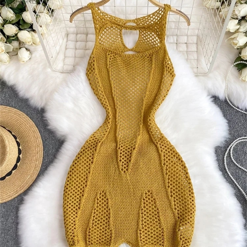 SINGREINY Yellow Sleeveless Jumpsuit Women Hollow Out O Neck Elegant Stretch Transparent Ladies Casual Summer Slim Rompers 250225