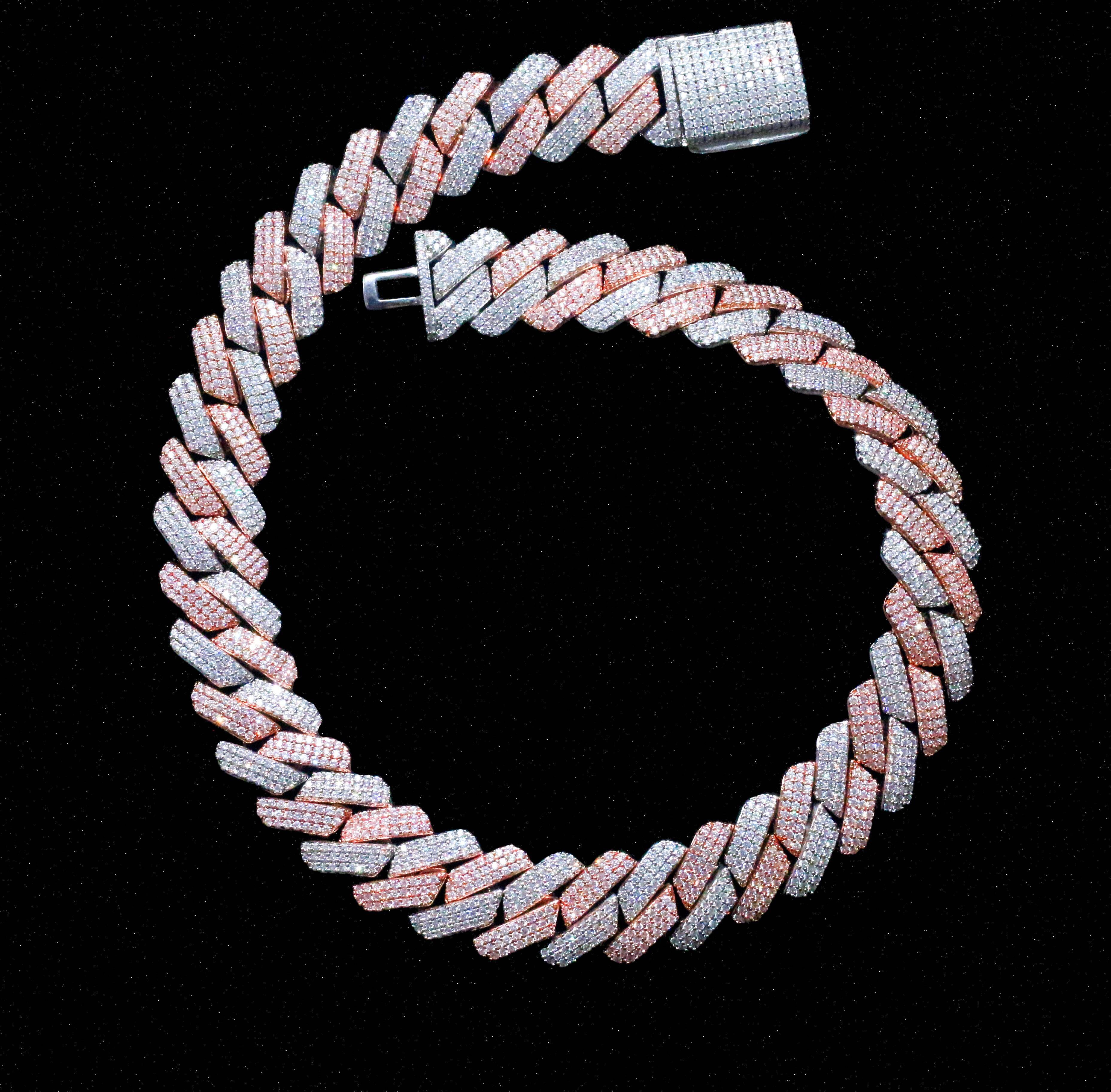 Hip Hop Jewelry 19mm Diamond Prong Cuban 2 Tone Whiterose Gold