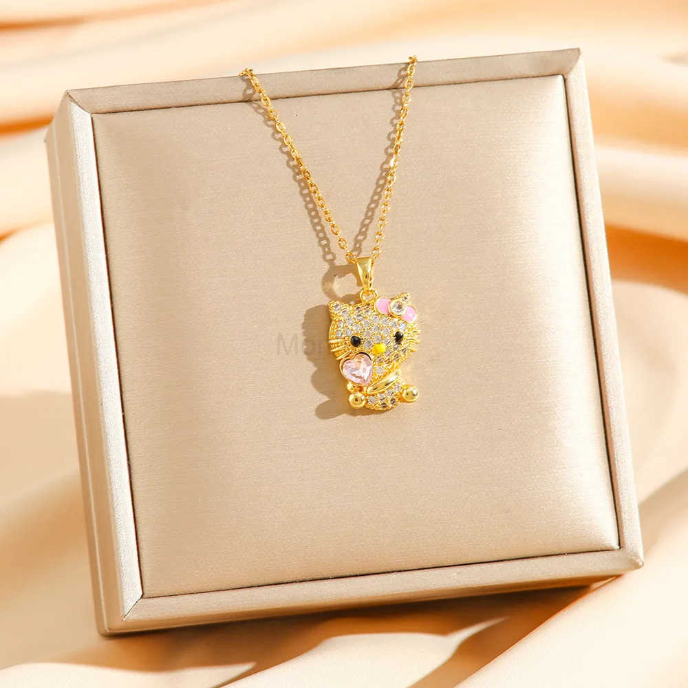 Sanrio Cute Pink Heart Crystal Zircon Hello Kitty Pendant Necklaces for Women Girls Stainless Steel Chain Jewelry Accessories L250925